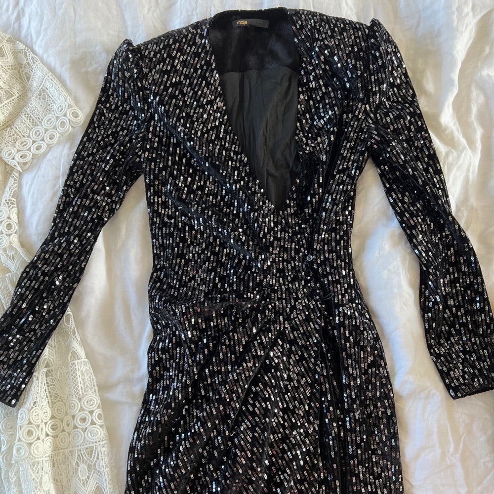 Maje sequin and velvet draped evening dress